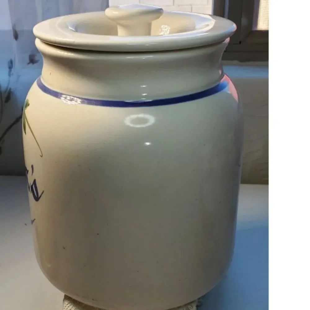 Vintage Hand Painted Grandmas Goodies Jar Blue Floral Ceramic Cookie Canister